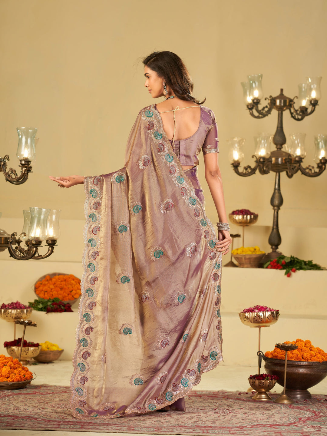 Lavender Designer Fendy Satin Saree with Multicolor Paisley Embroidery & Heavy Embroidered Border | Elegant Festive Party Wear Saree