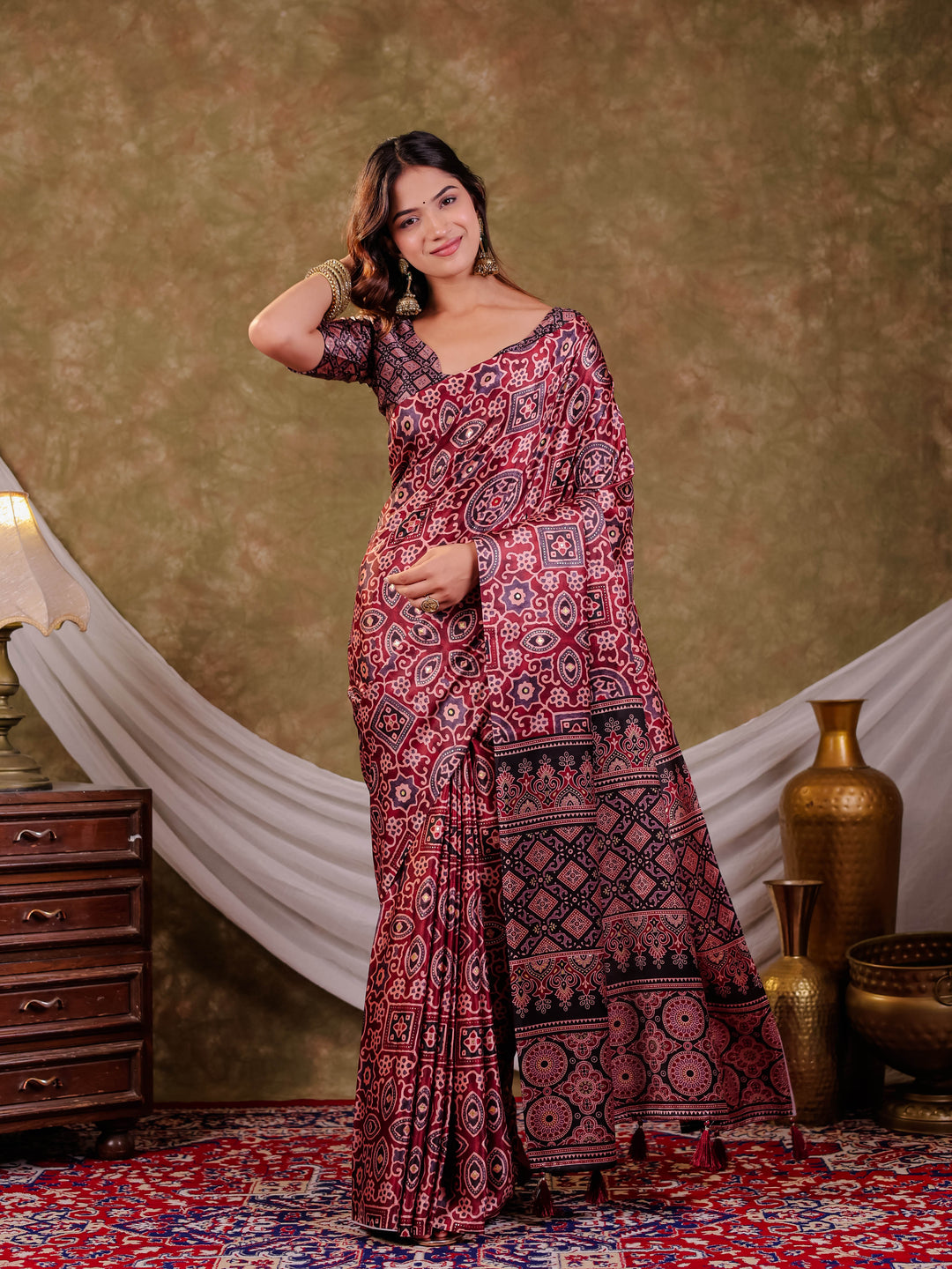 Wine Maroon Pure Chinnon Batik Printed Saree with Foil Detailing, Designer Border, Tassel Edges & Matching Blouse Piece
