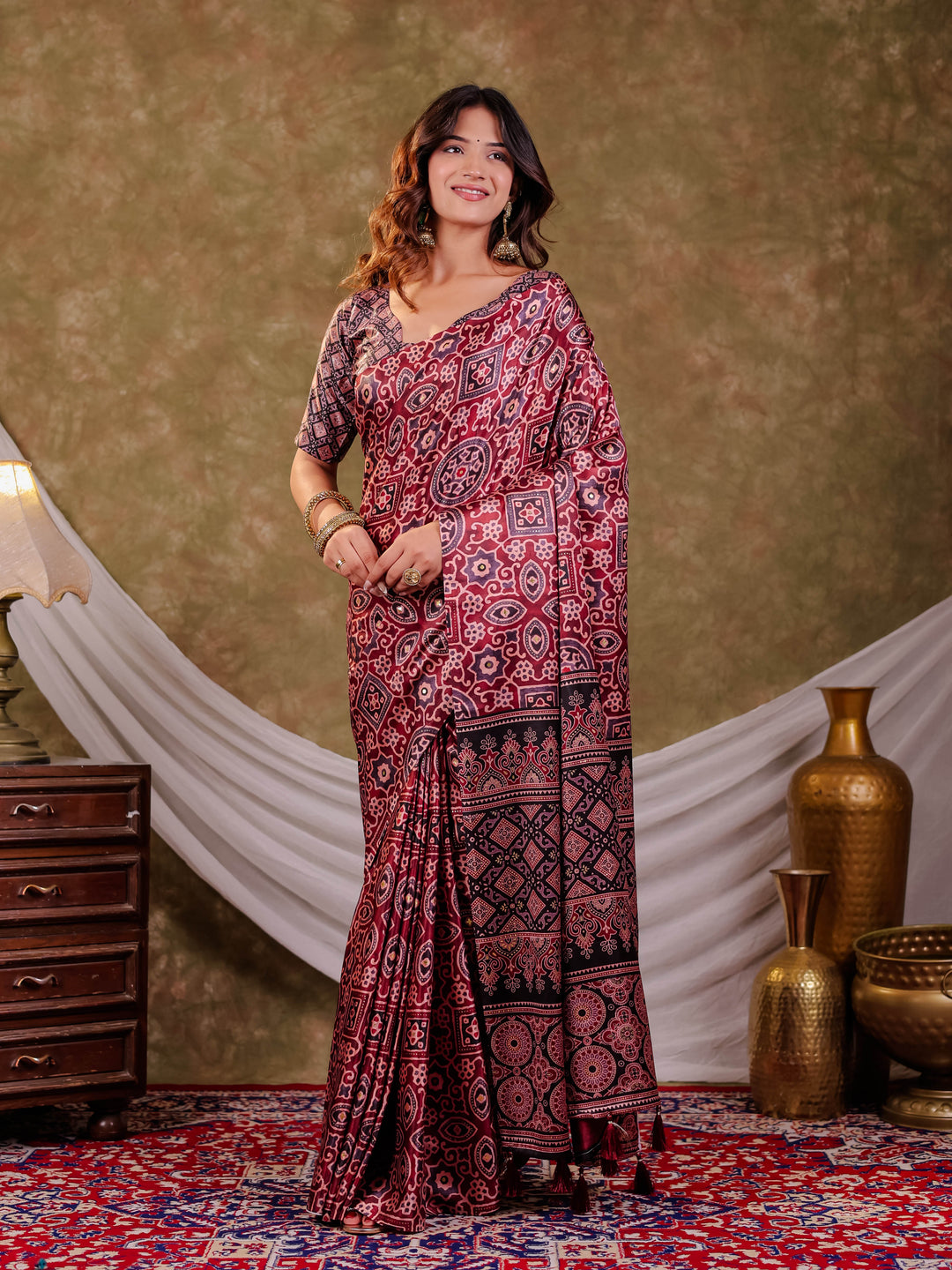 Wine Maroon Pure Chinnon Batik Printed Saree with Foil Detailing, Designer Border, Tassel Edges & Matching Blouse Piece