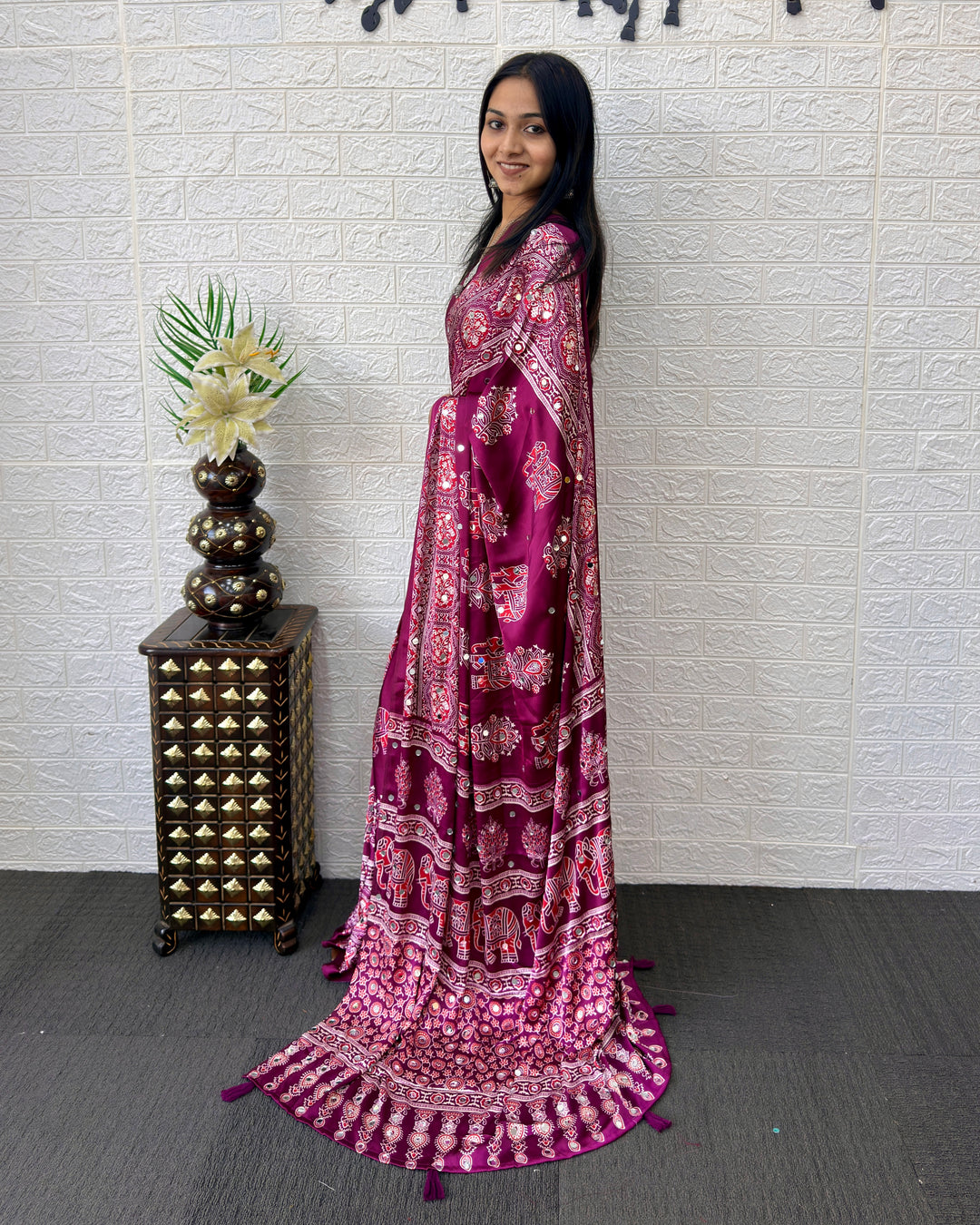 Plum Purple Modal Silk Saree with Elephant Motif Print & Heritage Designer Pallu | Traditional Festive Wear Saree