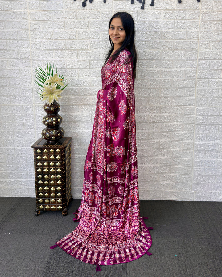 Plum Purple Modal Silk Saree with Elephant Motif Print & Heritage Designer Pallu | Traditional Festive Wear Saree