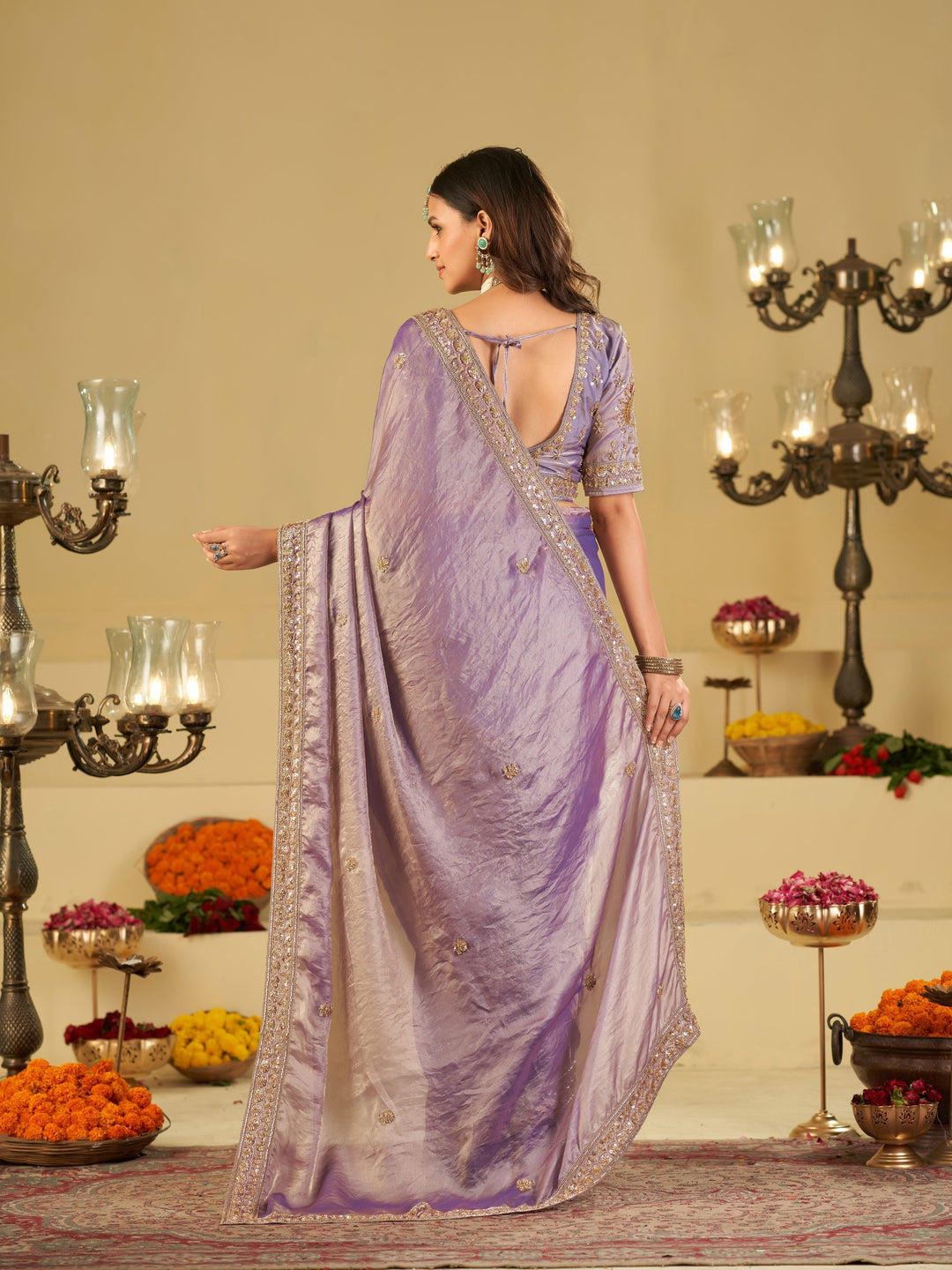 Lavender Designer Fendy Satin Saree with Heavy Embroidered Blouse & Stone Work Border | Premium Wedding Party Wear Saree