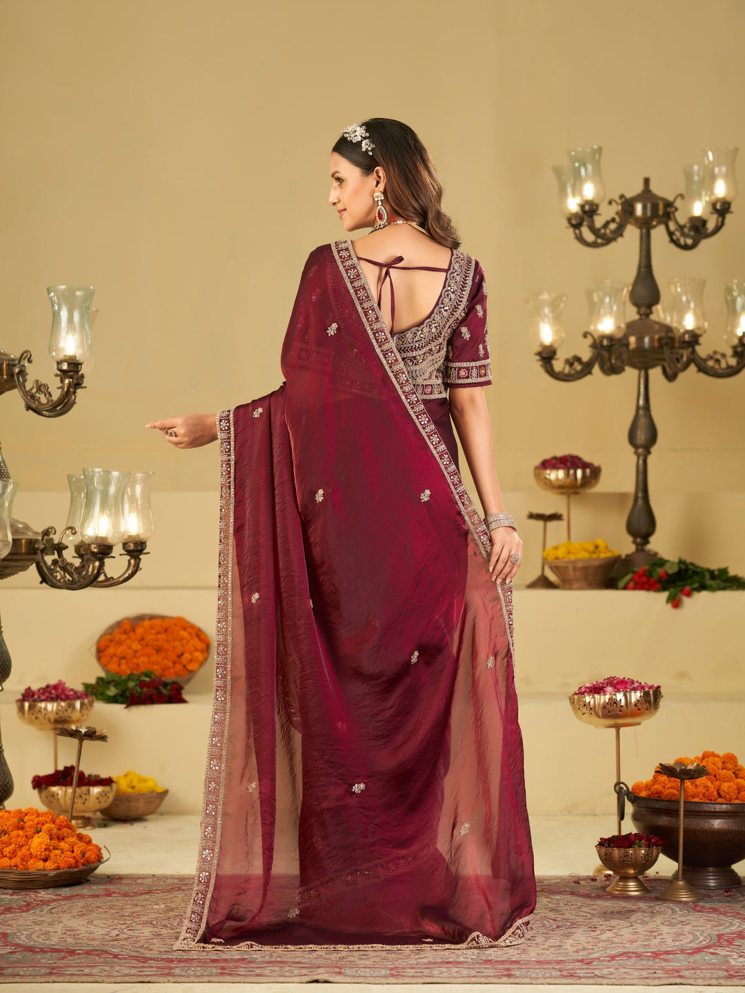 Wine Purple Designer Fendy Satin Saree with Heavy Embroidered Blouse & Zari Border | Premium Wedding & Festive Wear Saree