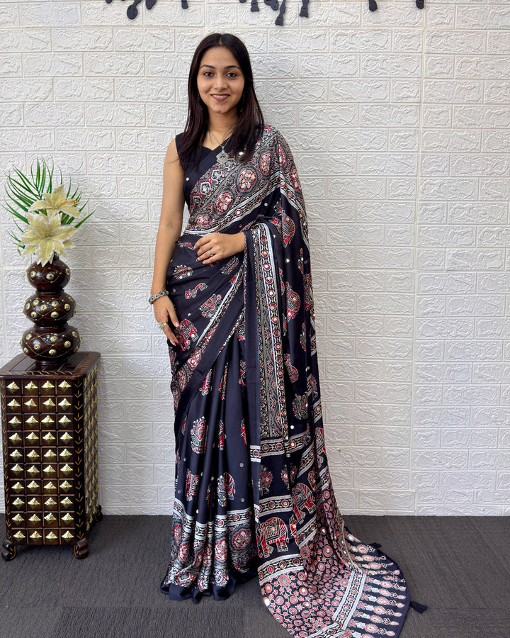 Black Modal Silk Saree with Elephant Motif Ajrakh Print & Heritage Designer Pallu | Traditional Festive Wear Saree