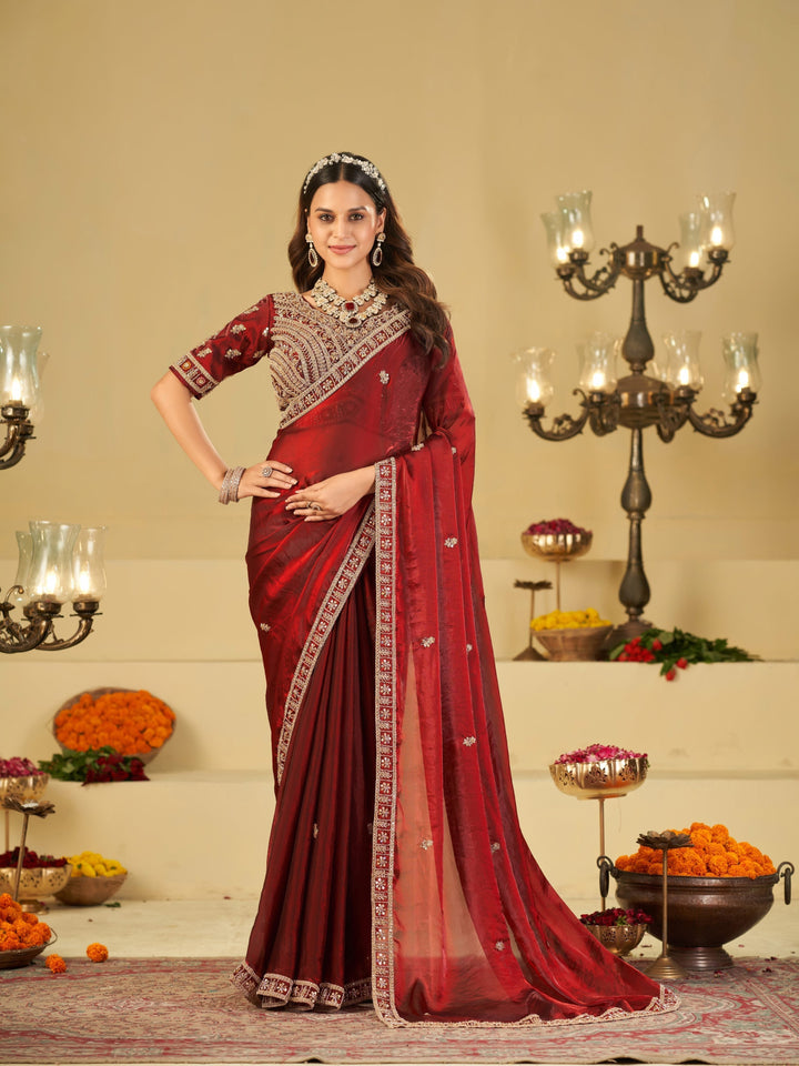 Wine Red Designer Fendy Satin Saree with Heavy Embroidered Blouse & Zari Border | Premium Wedding & Festive Wear Saree