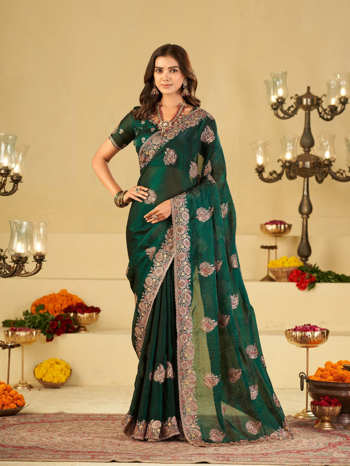 Emerald Green Designer Fendy Satin Saree with Heavy Floral Embroidery Work | Premium Wedding & Party Wear Embroidered Saree with Blouse