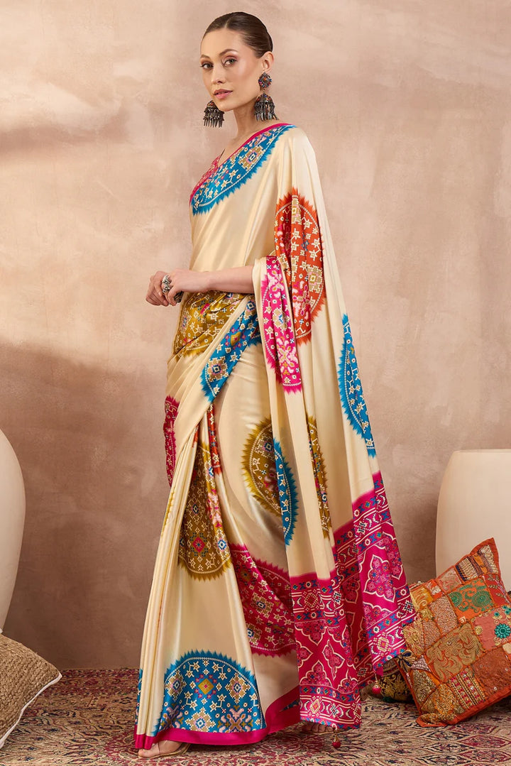 Cream Modal Silk Saree with Multicolor Patola-Inspired Print & Rani Pink Border | Designer Festive Wear Saree