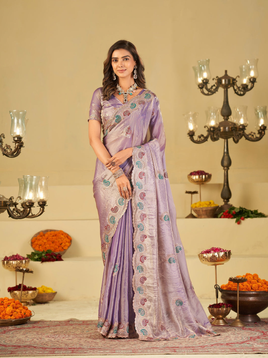 Lavender Designer Fendy Satin Saree with Multicolor Paisley Embroidery & Scalloped Embroidered Border | Elegant Festive Party Wear Saree