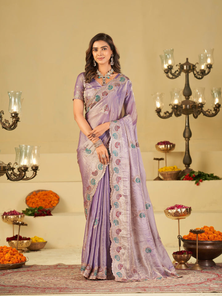 Lavender Designer Fendy Satin Saree with Multicolor Paisley Embroidery & Scalloped Embroidered Border | Elegant Festive Party Wear Saree