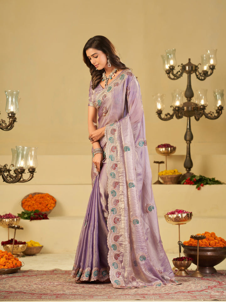 Lavender Designer Fendy Satin Saree with Multicolor Paisley Embroidery & Scalloped Embroidered Border | Elegant Festive Party Wear Saree