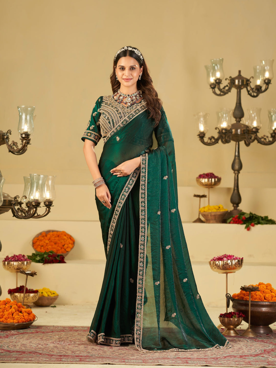 Emerald Green Designer Fendy Satin Saree with Heavy Embroidered Blouse & Sequin Border | Premium Wedding & Festive Wear Saree