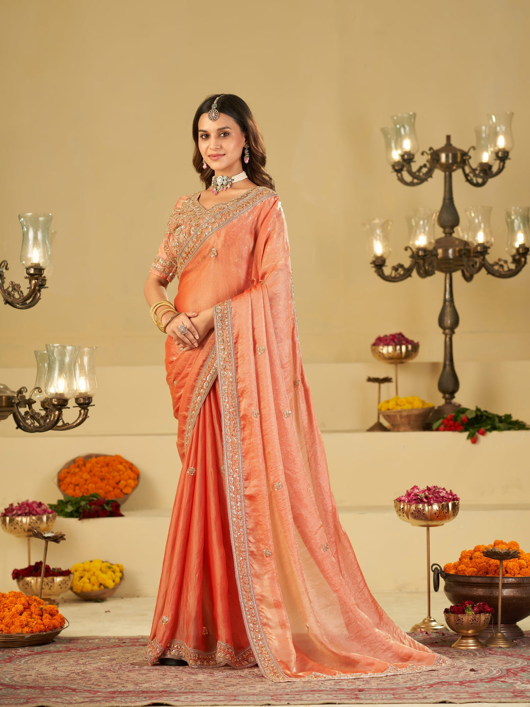 Peach Designer Fendy Satin Saree with Heavy Embroidered Blouse & Stone Work Border | Premium Wedding Party Wear Saree