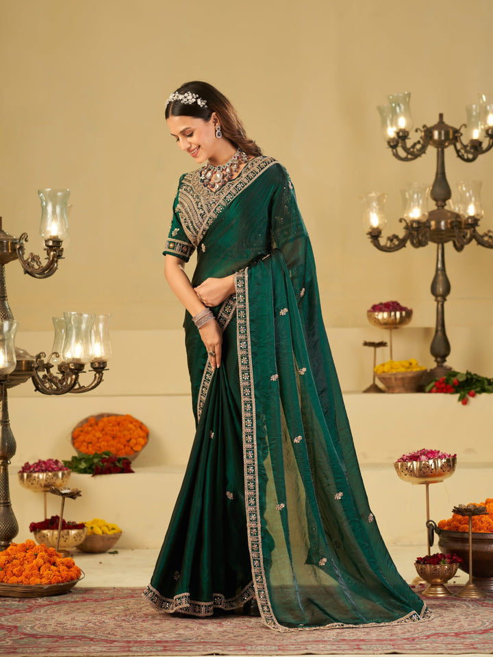 Emerald Green Designer Fendy Satin Saree with Heavy Embroidered Blouse & Sequin Border | Premium Wedding & Festive Wear Saree
