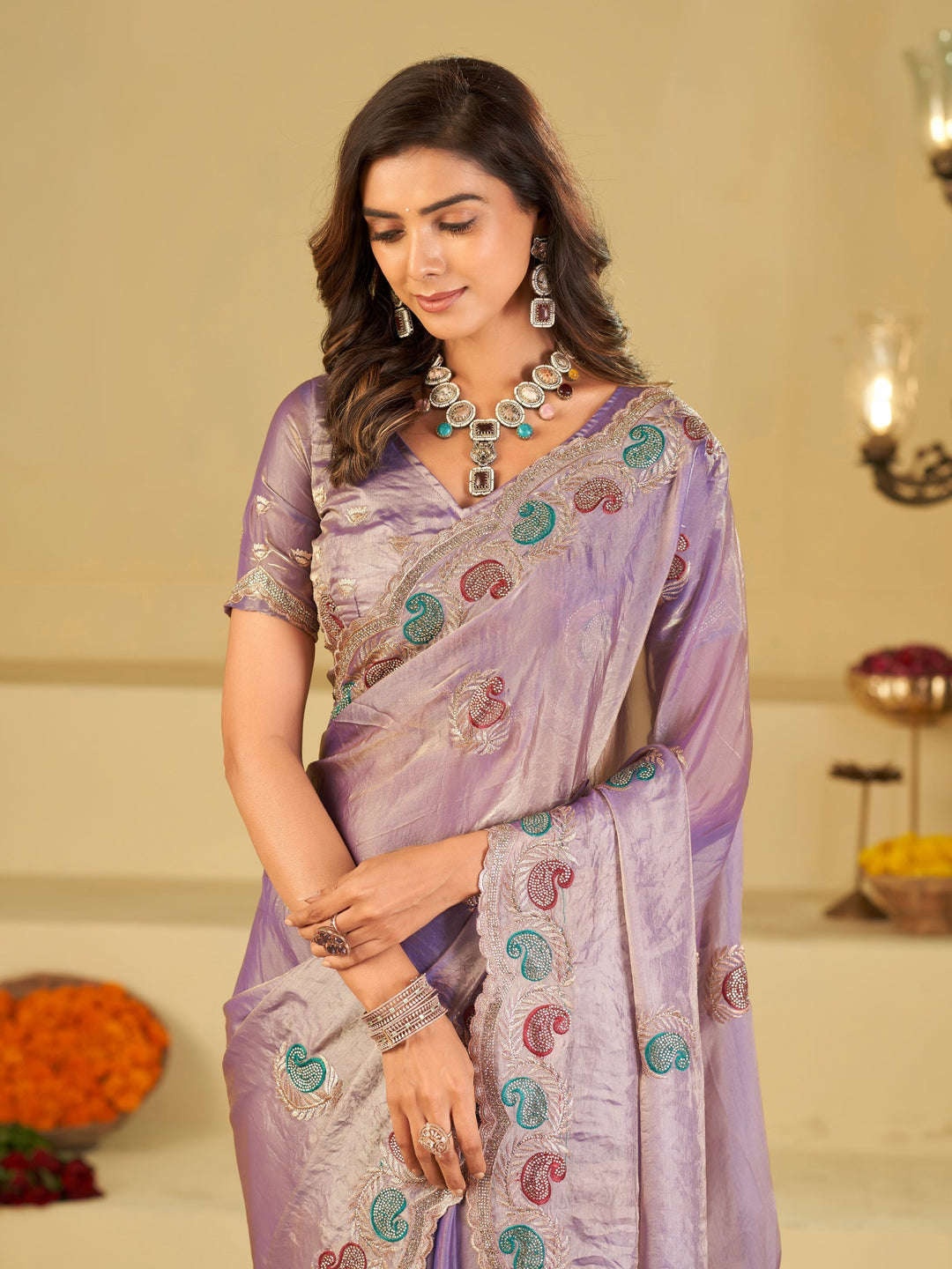 Lavender Designer Fendy Satin Saree with Multicolor Paisley Embroidery & Scalloped Embroidered Border | Elegant Festive Party Wear Saree