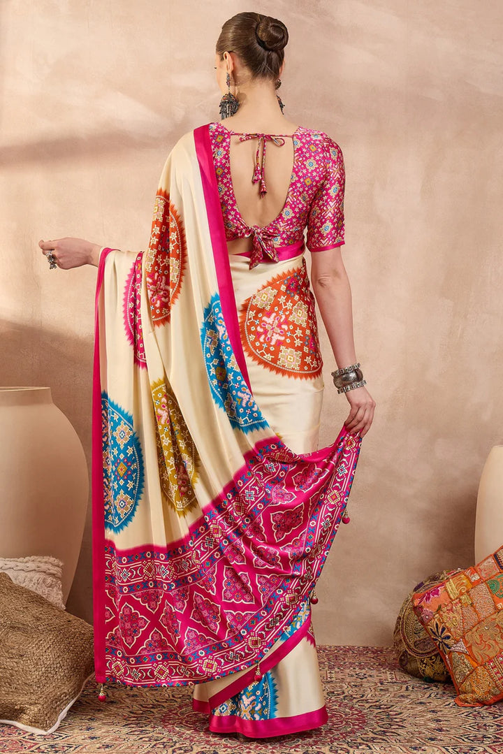 Cream Modal Silk Saree with Multicolor Patola-Inspired Print & Rani Pink Border | Designer Festive Wear Saree