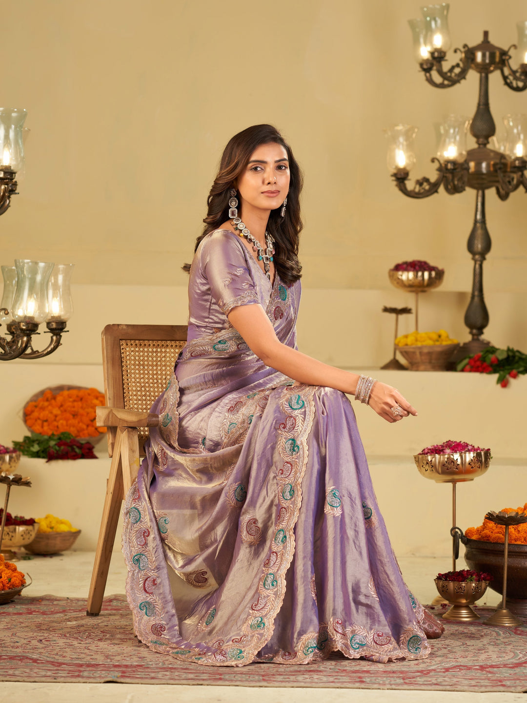 Lavender Designer Fendy Satin Saree with Multicolor Paisley Embroidery & Scalloped Embroidered Border | Elegant Festive Party Wear Saree