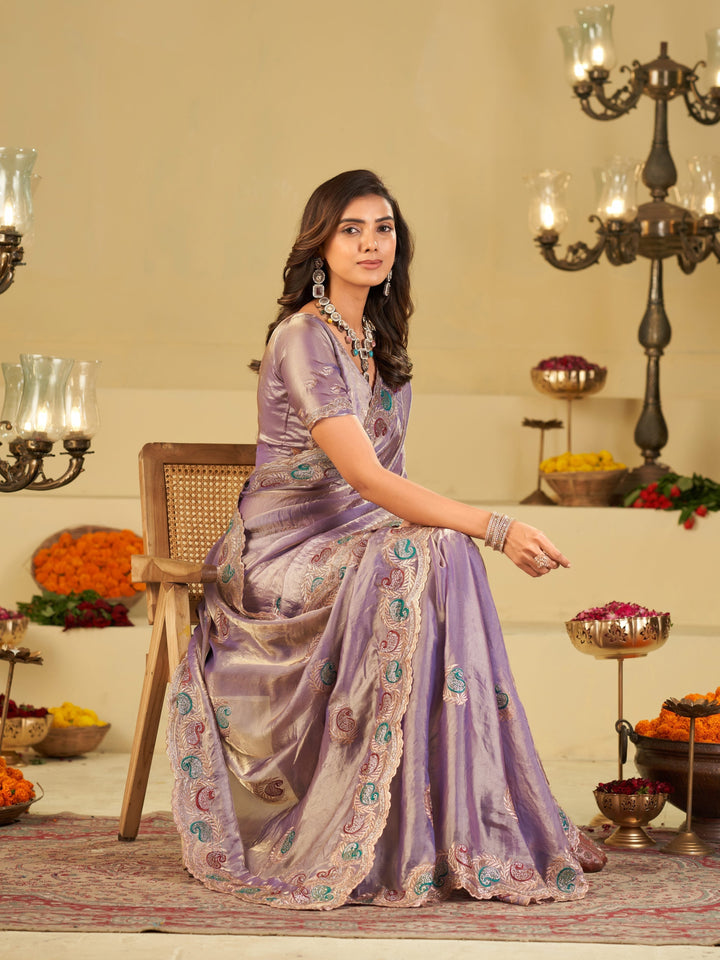 Lavender Designer Fendy Satin Saree with Multicolor Paisley Embroidery & Scalloped Embroidered Border | Elegant Festive Party Wear Saree