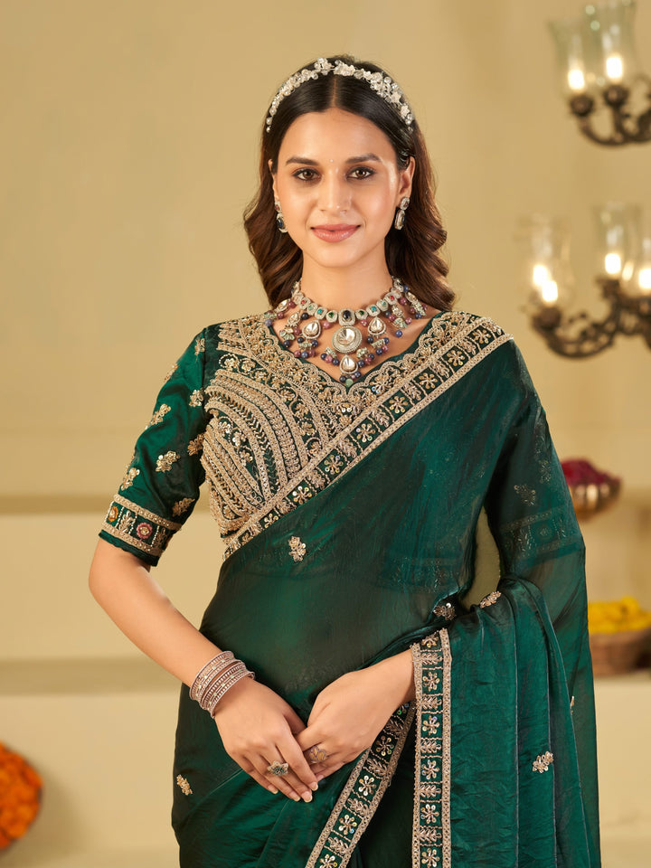 Emerald Green Designer Fendy Satin Saree with Heavy Embroidered Blouse & Sequin Border | Premium Wedding & Festive Wear Saree