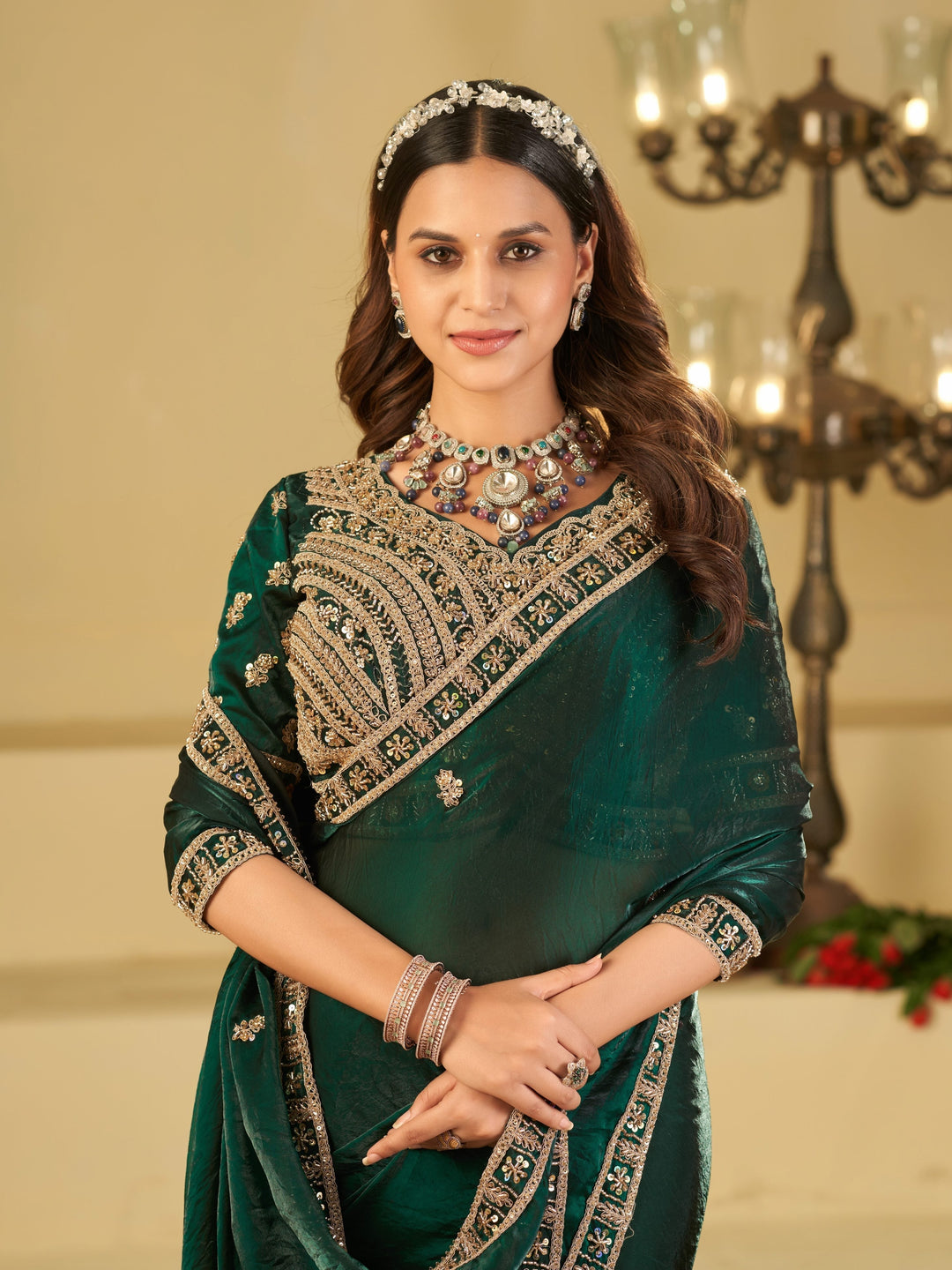Emerald Green Designer Fendy Satin Saree with Heavy Embroidered Blouse & Sequin Border | Premium Wedding & Festive Wear Saree