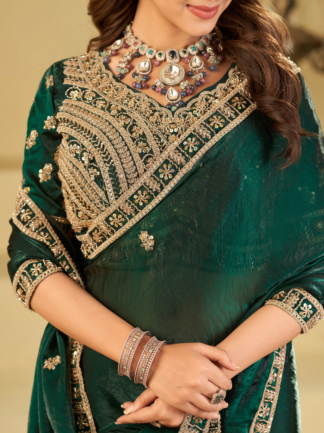 Emerald Green Designer Fendy Satin Saree with Heavy Embroidered Blouse & Sequin Border | Premium Wedding & Festive Wear Saree