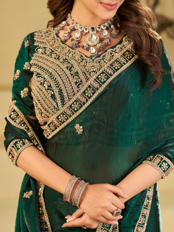 Emerald Green Designer Fendy Satin Saree with Heavy Embroidered Blouse & Sequin Border | Premium Wedding & Festive Wear Saree