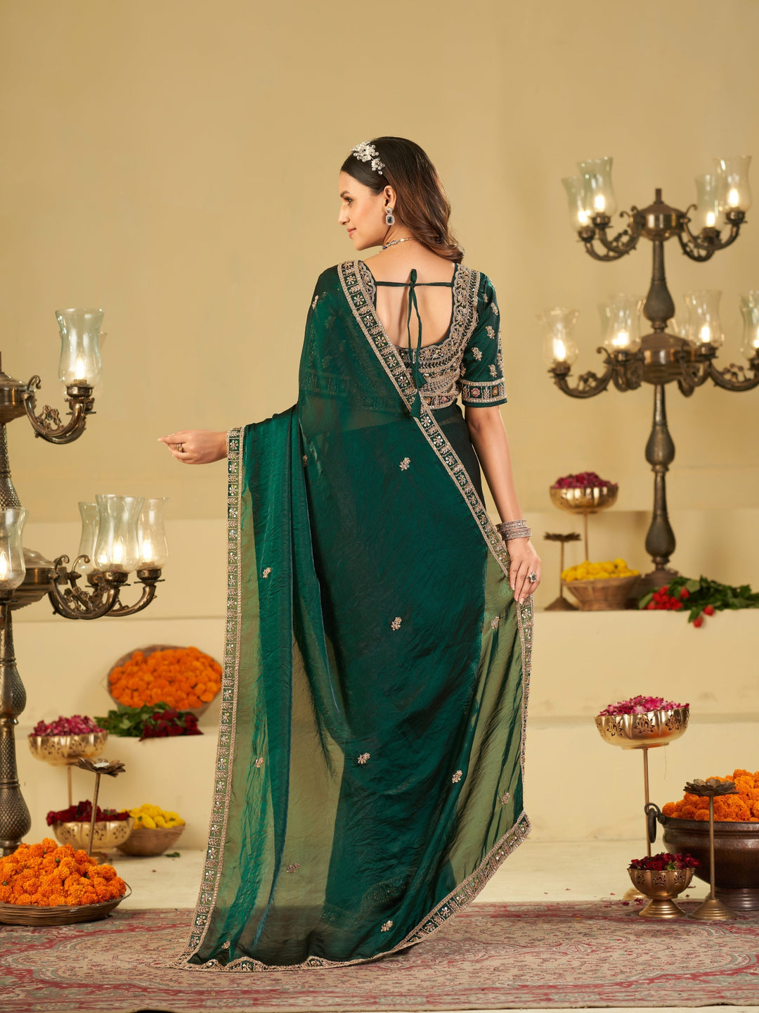 Emerald Green Designer Fendy Satin Saree with Heavy Embroidered Blouse & Sequin Border | Premium Wedding & Festive Wear Saree