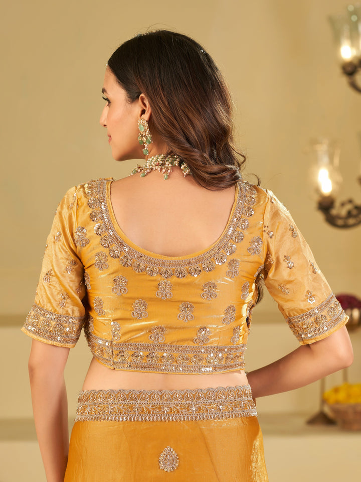 Mustard Yellow Designer Fendy Satin Saree with Heavy Embroidered Blouse & Sequin Border | Premium Festive Wedding Wear Saree