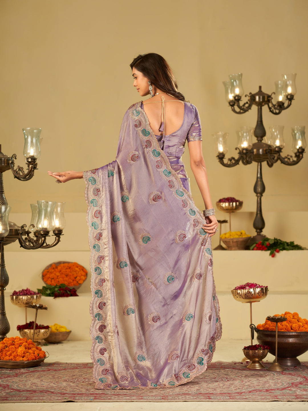 Lavender Designer Fendy Satin Saree with Multicolor Paisley Embroidery & Scalloped Embroidered Border | Elegant Festive Party Wear Saree