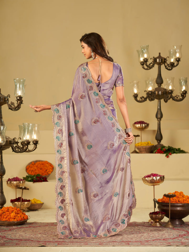 Lavender Designer Fendy Satin Saree with Multicolor Paisley Embroidery & Scalloped Embroidered Border | Elegant Festive Party Wear Saree