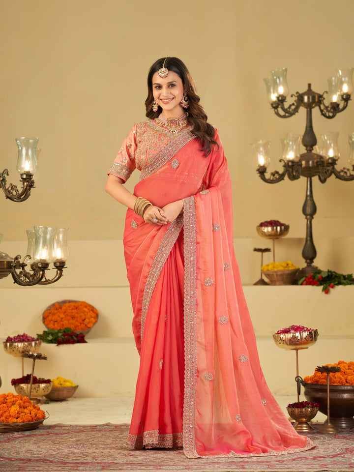Coral Pink Designer Fendy Satin Saree with Heavy Embroidered Blouse & Sequin Border | Premium Wedding Party Wear Saree