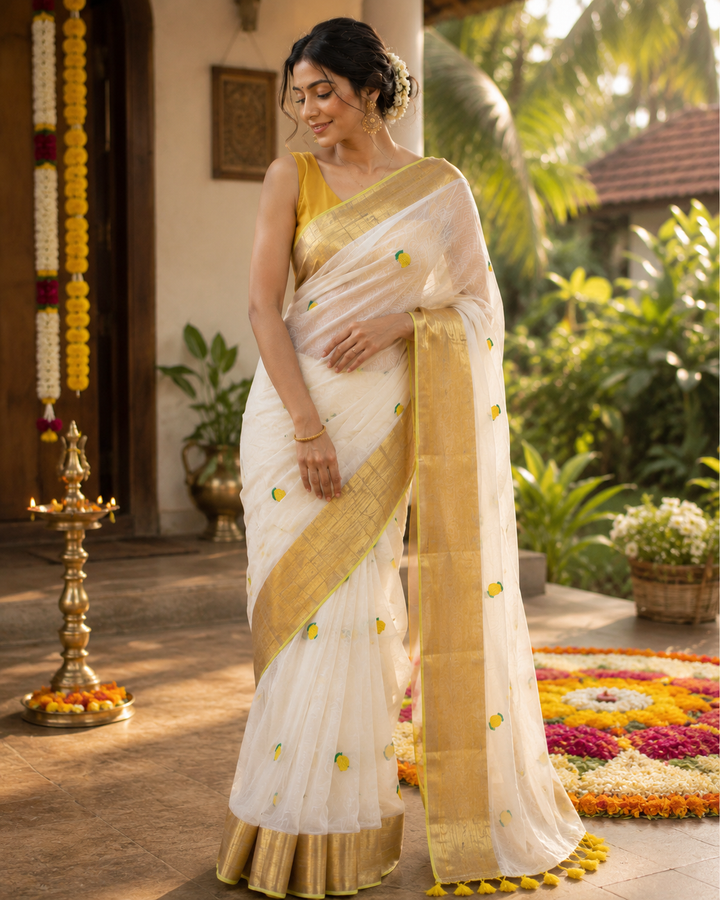 Onam Special White Mul Cotton Saree with Golden Zari Border & Tassels | Traditional Kerala Kasavu Style Saree with Running Blouse