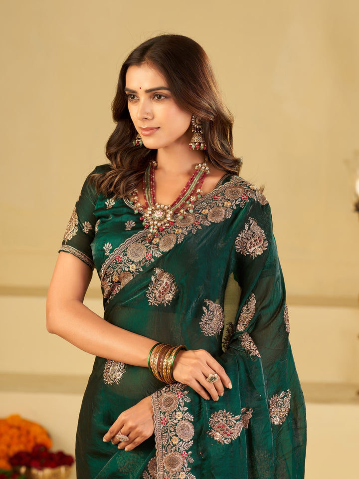 Emerald Green Designer Fendy Satin Saree with Heavy Floral Embroidery Work | Premium Wedding & Party Wear Embroidered Saree with Blouse