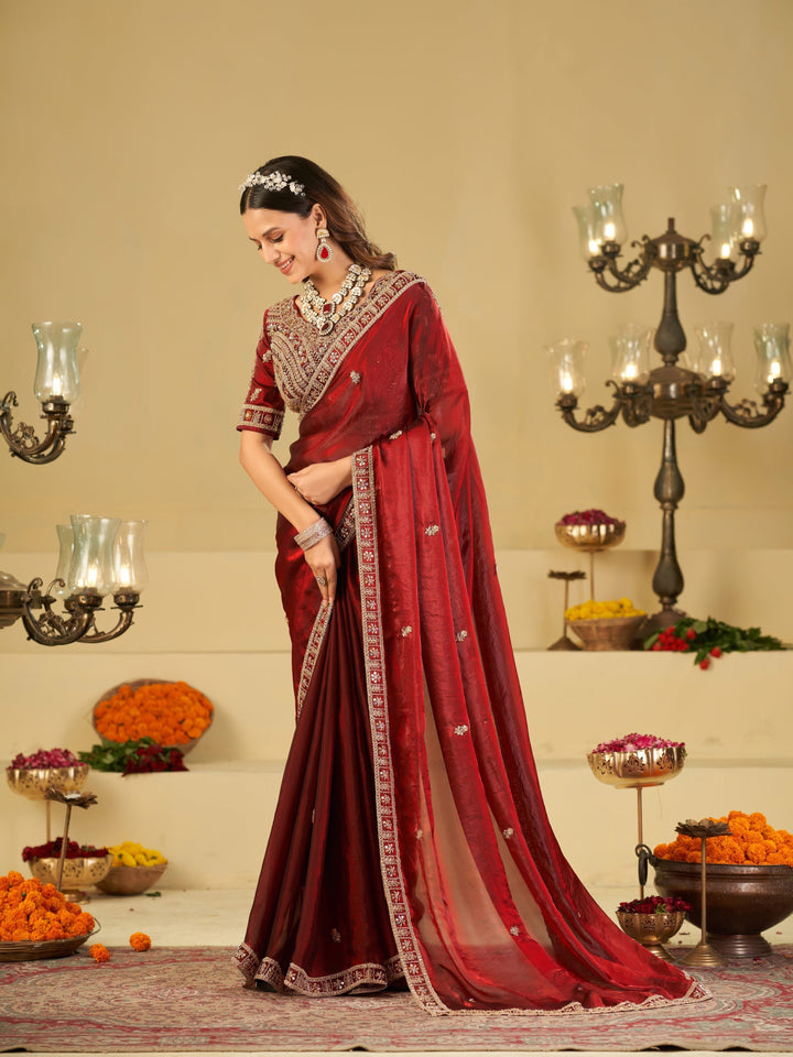 Wine Red Designer Fendy Satin Saree with Heavy Embroidered Blouse & Zari Border | Premium Wedding & Festive Wear Saree