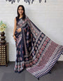Black Modal Silk Saree with Elephant Motif Ajrakh Print & Heritage Designer Pallu | Traditional Festive Wear Saree
