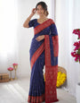 Royal Blue & Crimson Red Bandhani Inspired Modal Silk Saree with Traditional Folk Art Pallu & Stone Embellishments
