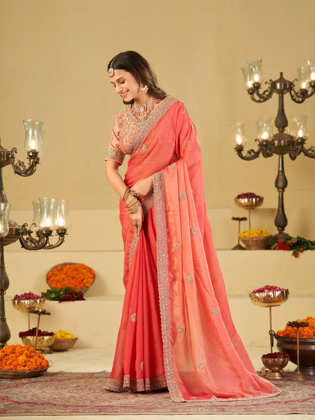 Coral Pink Designer Fendy Satin Saree with Heavy Embroidered Blouse & Sequin Border | Premium Wedding Party Wear Saree