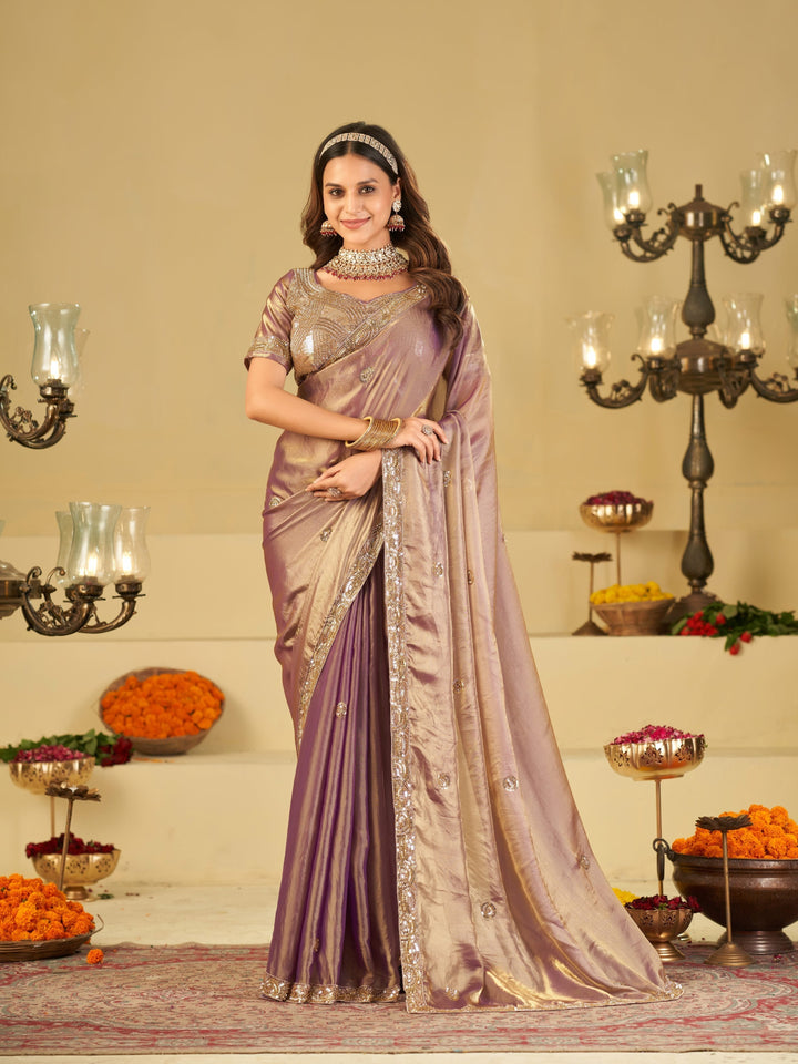 Lavender Dual Tone Designer Fendy Satin Saree with Heavy Embroidered Blouse & Sequin Border | Premium Wedding Party Wear Saree