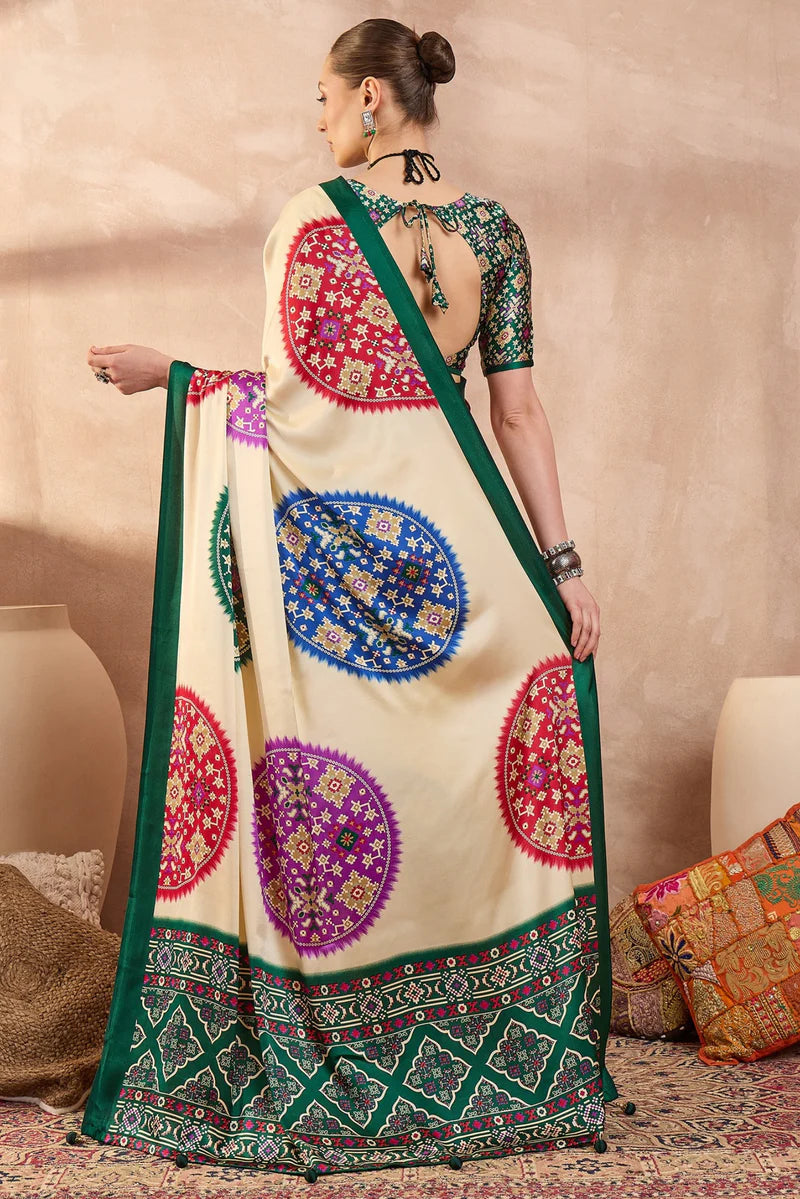 Cream Modal Silk Saree with Multicolor Patola-Inspired Print & Emerald Green Border | Traditional Festive Wear Saree