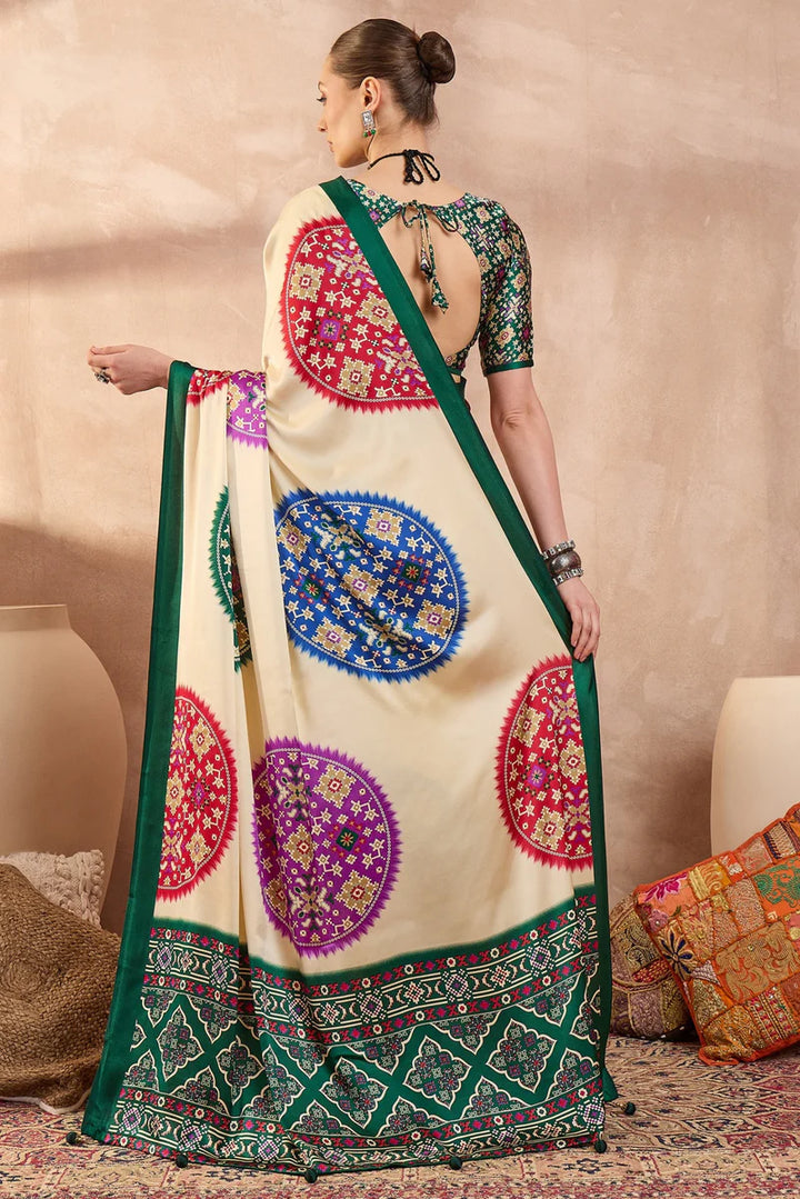 Cream Modal Silk Saree with Multicolor Patola-Inspired Print & Emerald Green Border | Traditional Festive Wear Saree