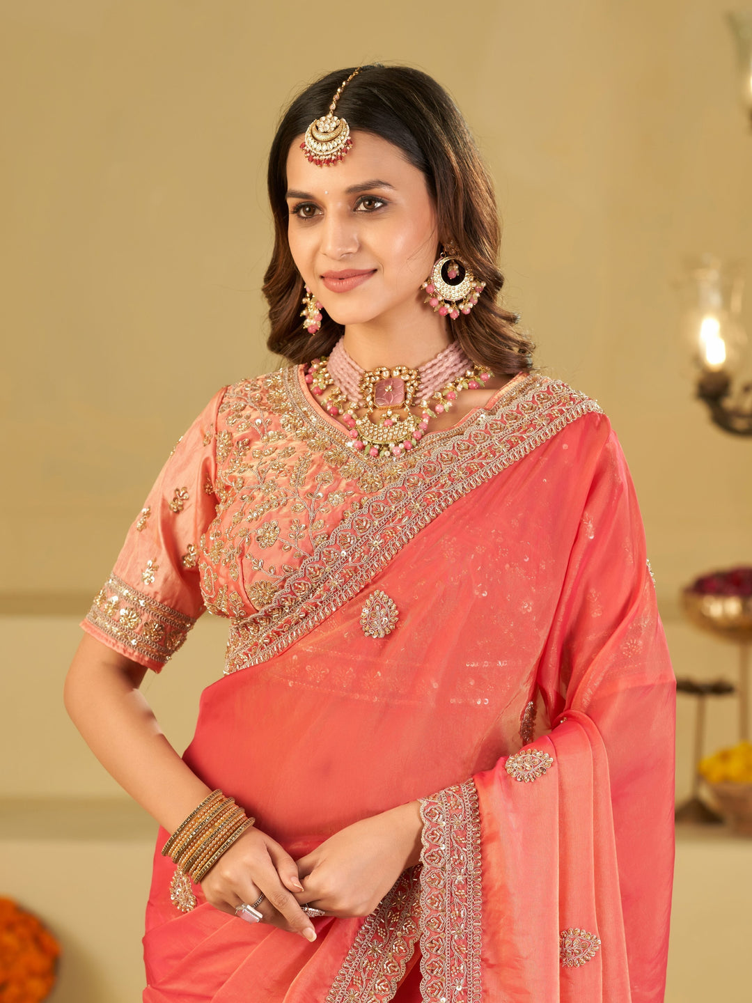 Coral Pink Designer Fendy Satin Saree with Heavy Embroidered Blouse & Sequin Border | Premium Wedding Party Wear Saree