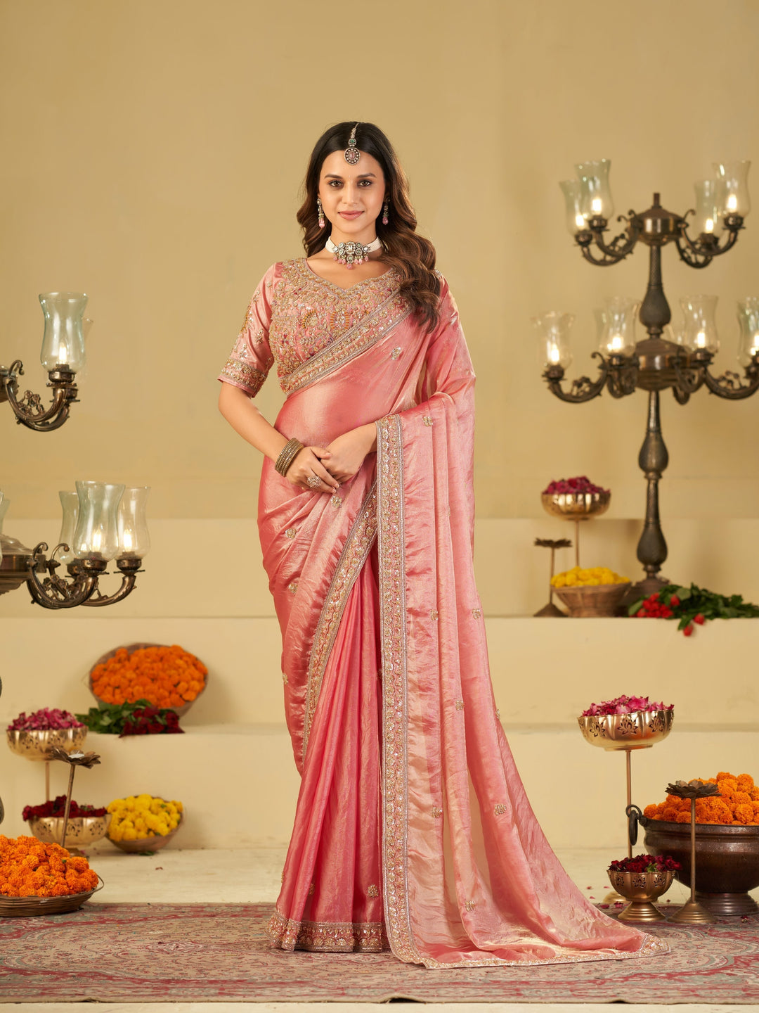 Baby Pink Designer Fendy Satin Saree with Heavy Embroidered Blouse & Zari Border | Premium Wedding Party Wear Saree