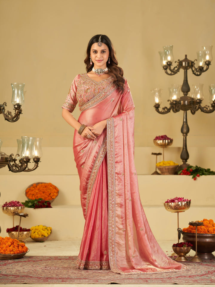 Baby Pink Designer Fendy Satin Saree with Heavy Embroidered Blouse & Zari Border | Premium Wedding Party Wear Saree