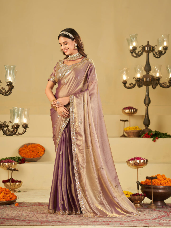 Lavender Dual Tone Designer Fendy Satin Saree with Heavy Embroidered Blouse & Sequin Border | Premium Wedding Party Wear Saree