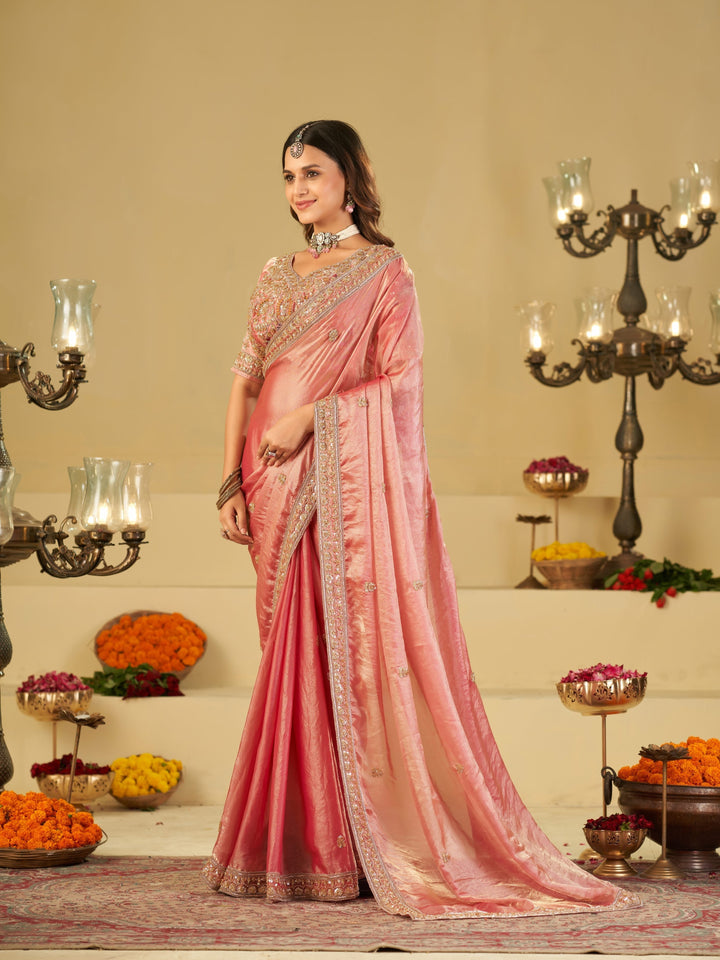 Baby Pink Designer Fendy Satin Saree with Heavy Embroidered Blouse & Zari Border | Premium Wedding Party Wear Saree
