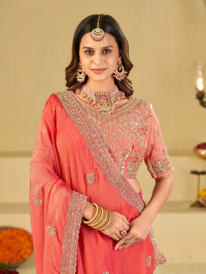 Coral Pink Designer Fendy Satin Saree with Heavy Embroidered Blouse & Sequin Border | Premium Wedding Party Wear Saree
