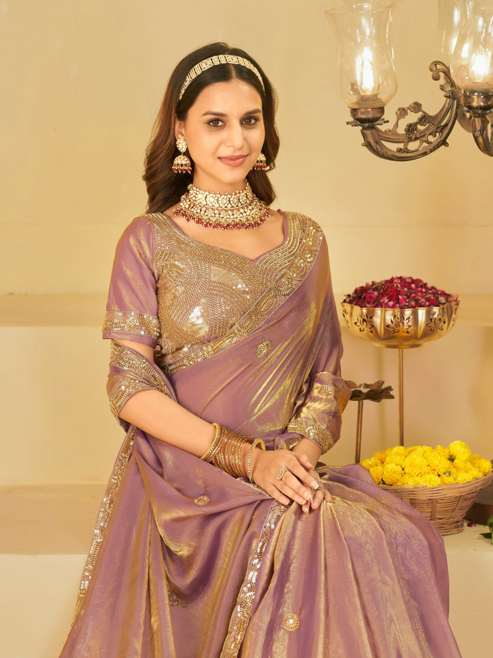 Lavender Dual Tone Designer Fendy Satin Saree with Heavy Embroidered Blouse & Sequin Border | Premium Wedding Party Wear Saree