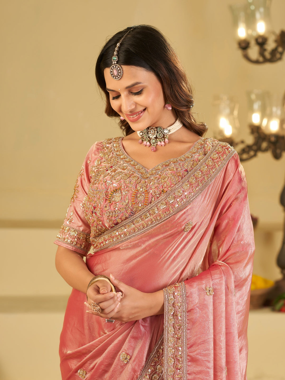 Baby Pink Designer Fendy Satin Saree with Heavy Embroidered Blouse & Zari Border | Premium Wedding Party Wear Saree