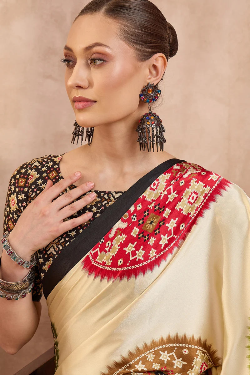 Ivory Cream Modal Silk Saree with Patola-Inspired Multicolor Print & Black Designer Pallu | Festive & Traditional Wear Saree