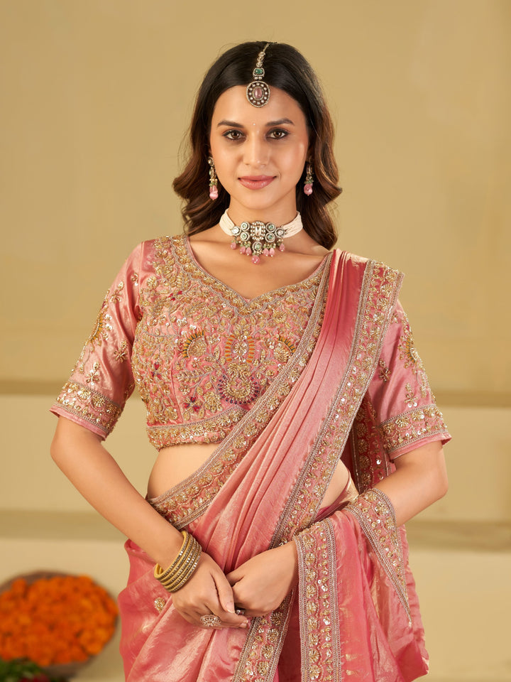 Baby Pink Designer Fendy Satin Saree with Heavy Embroidered Blouse & Zari Border | Premium Wedding Party Wear Saree