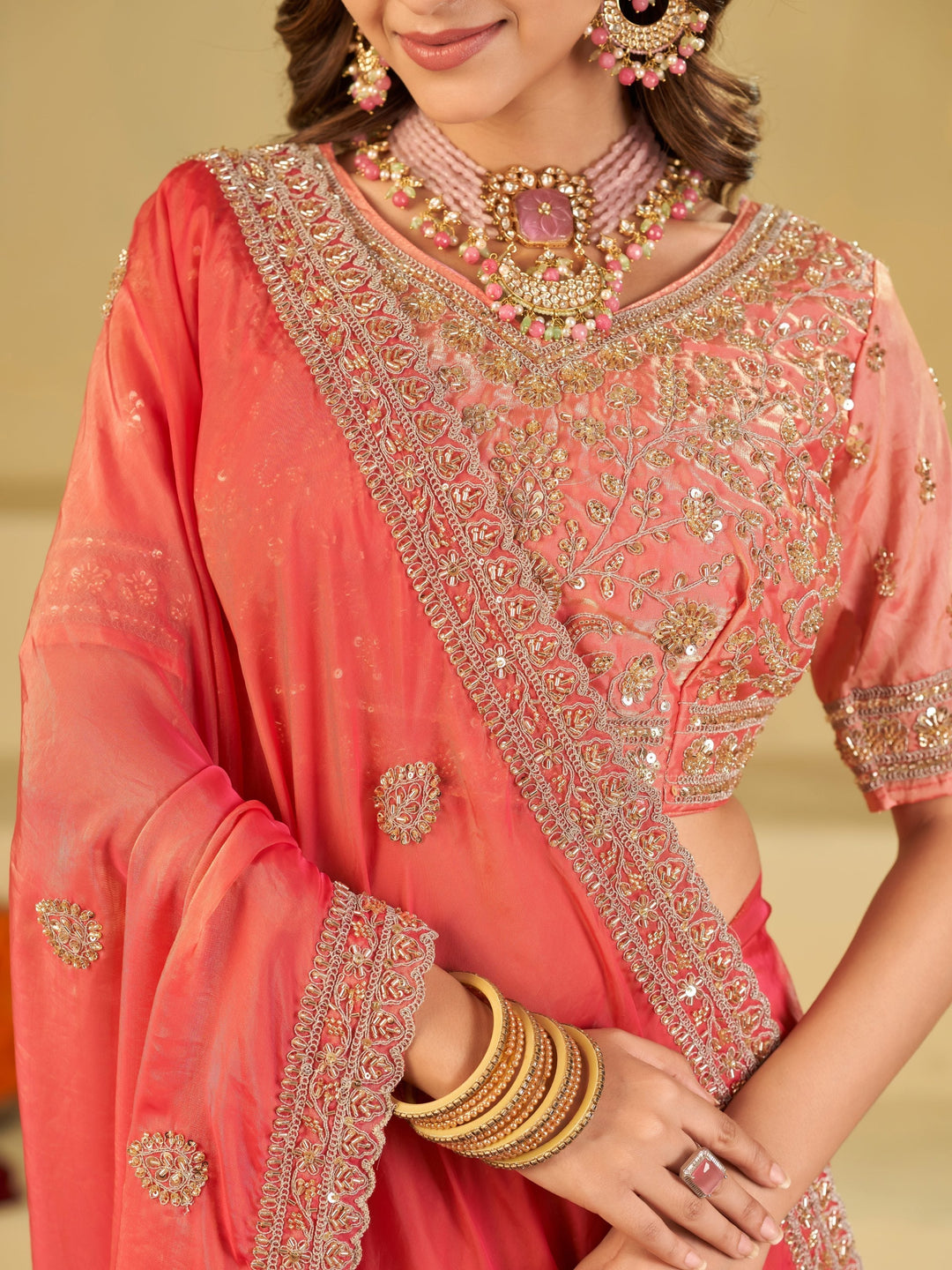 Coral Pink Designer Fendy Satin Saree with Heavy Embroidered Blouse & Sequin Border | Premium Wedding Party Wear Saree